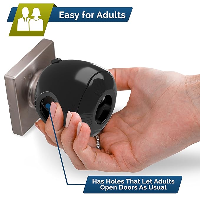 Child Safety Door Knob Cover (4 Pack) Hard-to-Remove Dual-Lock Door Handle Covers for Kids - Reusable Baby Proof Door Knob Locks - Installs Easily, No Tools Needed (Black)