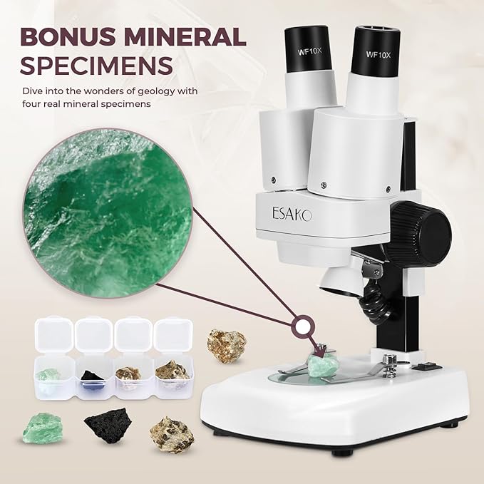 ESAKO Dual LED Kids Microscope - 52+ Piece Science Kit with Mineral & Insect Specimens, 10 Prepared Slides & 10 DIY Blank Slides, Microscope kit for Kids 8-12