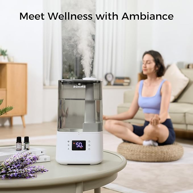 BOXING 6L Warm & Cool Mist Humidifiers for Bedroom, Air Humidfier for Large Room with Remote Control, Auto Mode Perfect for Baby & Plants, Top Fill, Sleep Mode, Timer, Essential Oil Tray, 60H