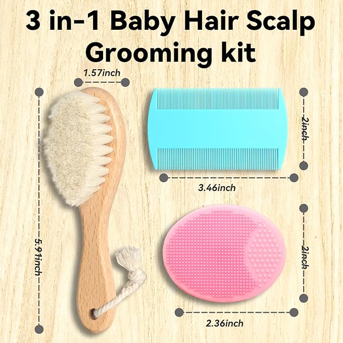 Goat Baby Hair Brush Set, Safe Natural Hair Care Kit with Wooden Soft Bristles Hairbrush Comb Pink Silicone Bath Brush for Newborns Toddlers (3pcs Set)