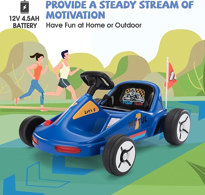 TOBBI 12V Electric Go Kart for Kids Battery Powered Ride on Car Outdoor Race Toy with Remote Control, Safety Belt, Music, LED Lights and Flags for Toddlers 3-8 Years, Blue