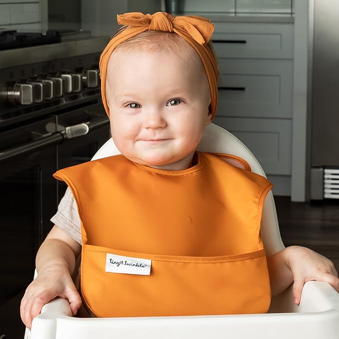 Tiny Twinkle Mess Proof Baby Bibs for Eating - Waterproof, Wipeable Bibs - Toddler Bibs - Travel Friendly - PFAS, PVC, BPA, Phthalate Free - Baby Food Bibs(5 Pack,Girl Solids)