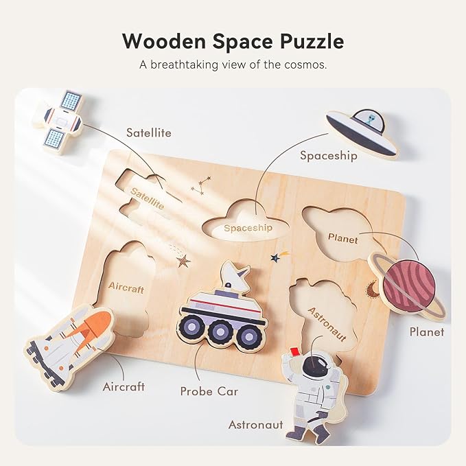 IEATFO 3 Packs Space Ocean Forest Wooden Chunky Puzzles for Toddlers, Wood Puzzle for Kids, Insert Puzzles Each Piece Fits Perfectly, Sturdy and Pegless, Educational Toys