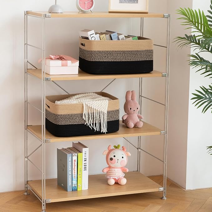 Large Storage Basket for Organizing, Woven Rope Basket for Shelves, Closet Organizer Bins for Clothes, Blanket, Toys, Baby Nursery Storage, 17.7" x 13" x 7.87", 2 Packs Black & Brown