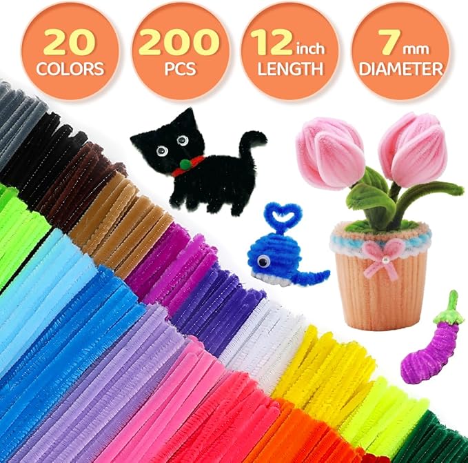 200pcs Pipe Cleaners, Pipe Cleaners for crafts, Craft Supplies Multicolor Chenille Stems for Art&Craft Christmas DIY projects(12inch*6mm,20colors)
