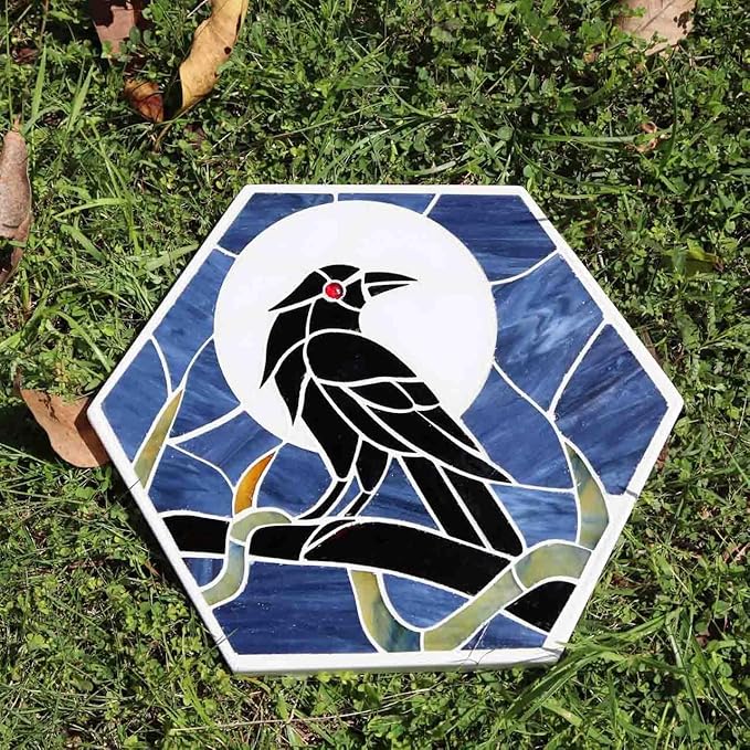 Bieye MSS004 Tiffany Style Stained Glass Mosaic Decorative Stepping Stone for Garden Decor (Raven, 13" Hexagonal)