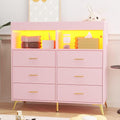 GarveeHome Dresser for Bedroom with 6 Drawers, Baby Changing Table Dresser with Changing Pad, LED Lights & Charging Station, Baby Changing Station with Changing Table Top, Pink
