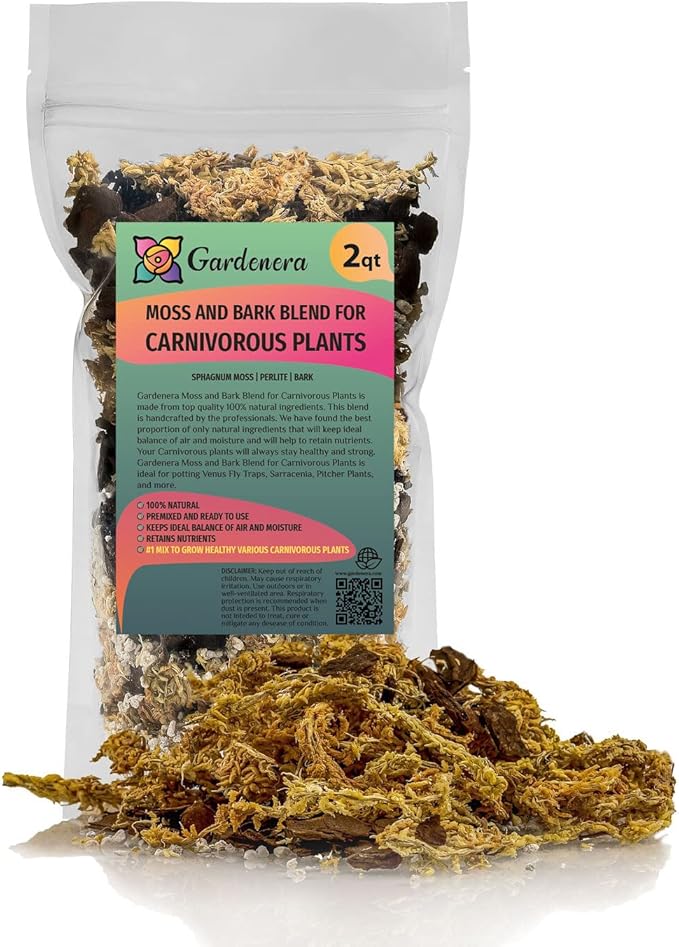 Premium Sphagnum Moss, Perlite and New Zealand Pine Bark Blend for Carnivorous Plants - Perfect for Venus Fly Traps, Pitcher Plants, Sarracenia, Butterworts, and Sundews by GARDENERA - 2 Quart Bag