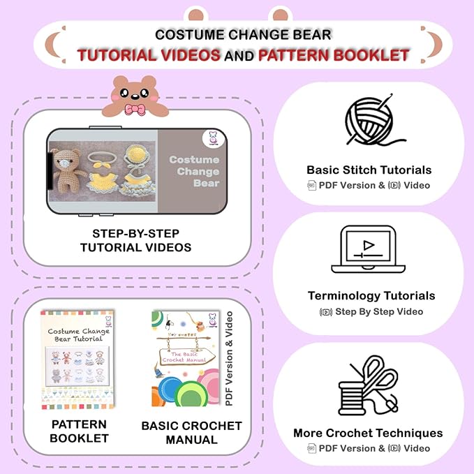 LoopMap Crochet Kit for Beginners - DIY Amigurumi Bear with Removable Dress & Accessories, Step-by-Step Video Tutorials, Extra Yarn, Crochet Tools, Handmade Gift for Kids & Adults(Bear-Purple)