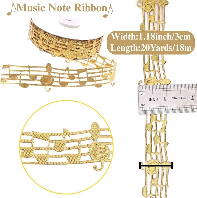 Golden Music Note Ribbon Grosgrain Ribbon Notation Craft Music Accessories Trim for Homecoming Mum Supplies Christmas (20 Yards/Roll)