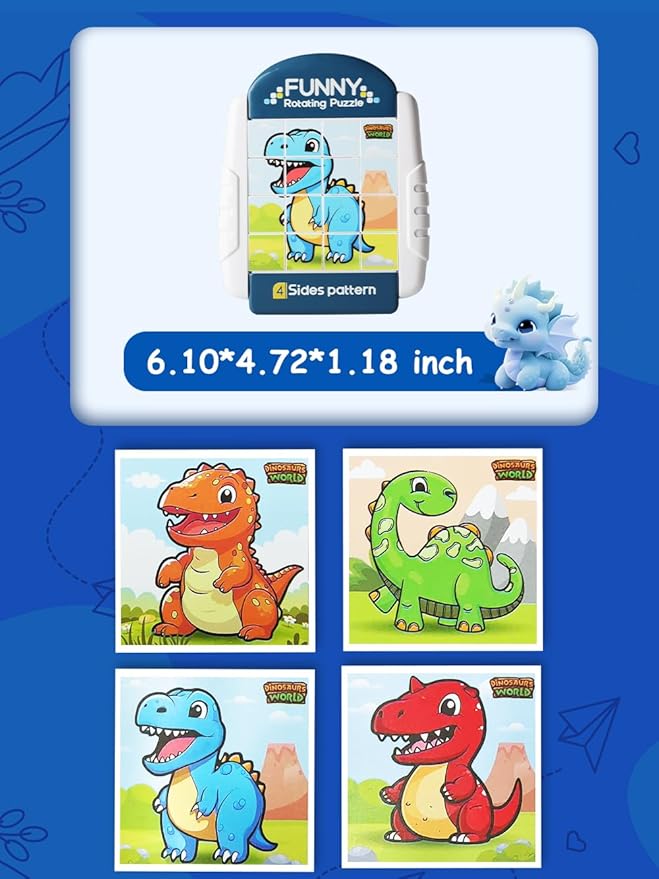 16-Piece Rotating Puzzles for Kids 4-6, Toddlers Puzzles 2-4, Road Trip, Airplane Activities Game, Travel Toys - Brain Teaser, Fine Motor Skills - Birthday Gifts Boys Girls - Dinosaur