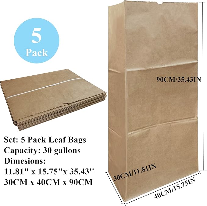 Lawn & Leaf Bags, heavy-duty 2-layer Brown paper, Home and Garden Yard Waste Compost Refuse Paper Bags (30 Gallon，5pack)