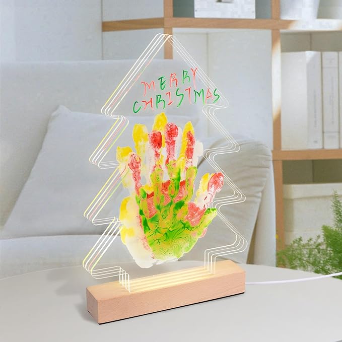 Cepairng 4-Layer Christmas Tree Family Handprint Kit with Light,New Parents Gift for Couples,Baby Shower Gifts for Mom Dad,First Birthday Gifts for Girls Keepsake Boys Personalized(Wood Color)