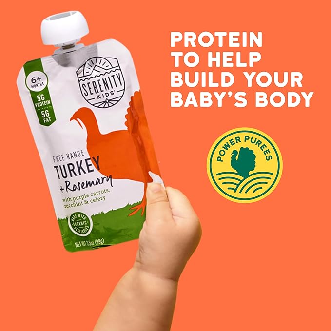 Serenity Kids 6+ Months Baby Food Pouches Puree - Free Range Turkey & Organic Rosemary Blend With Purple Carrot & Zucchini - No Added Sugar & BPA-Free Pouches - 3.5 Oz, 12 Pack