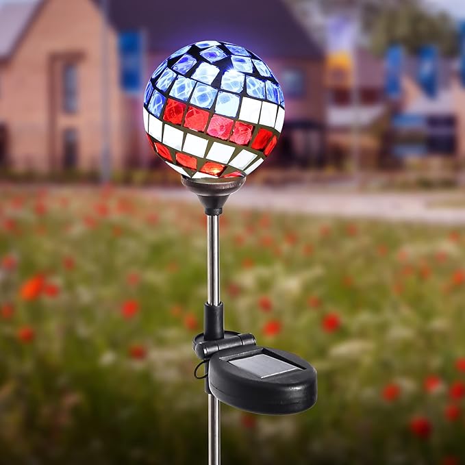 WNP Solar Powered Outdoor Garden Light Stakes Decoration, Mosaic Globe 4th of July Stake Solar Light for Patio Pathway Yard Decor, Waterproof Solar Glow Glass Ball Lights