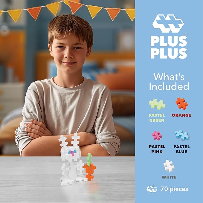 PLUS PLUS 3D Puzzle Building Block Set, 70 Mini Interlocking Pieces, Fun Holiday Activities for Kids - Bunny Mini Maker Tube