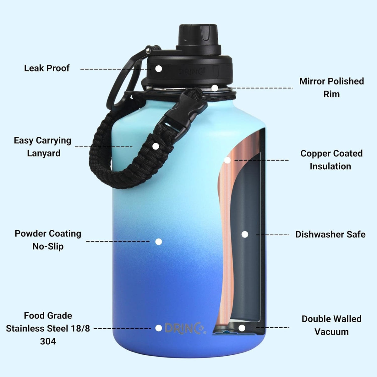 DRINCO Stainless Steel Water Bottle Spout Lid Vacuum Insulated Double Wall Water Bottle(64oz 40oz 32oz 22oz 18oz 14oz) Leak Proof Keep Cold Sport Camping Hiking (64 oz, 64oz Morning Sky Blue)