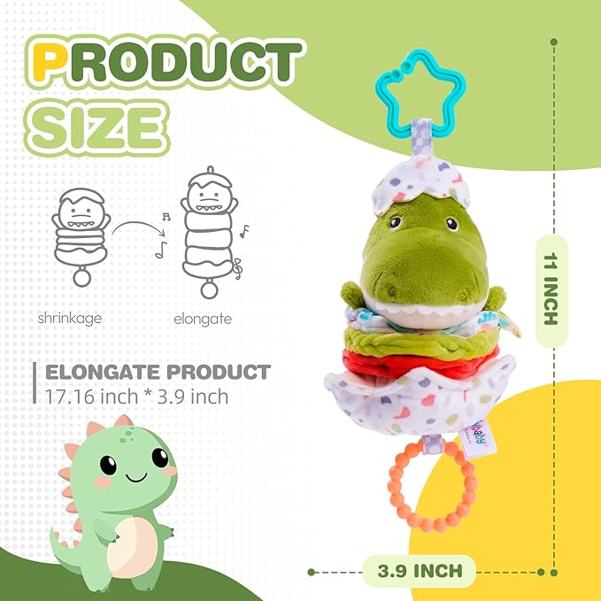 Jollybaby Baby Musical Pull String Hanging Toy for Stroller Car Seat Crib Play Gym, Plush Stuffed Dinasour Toy for Carseat with Music Teether Crinkle Paper, Sensory Toy for 0-6-12-18 Months Baby Gift