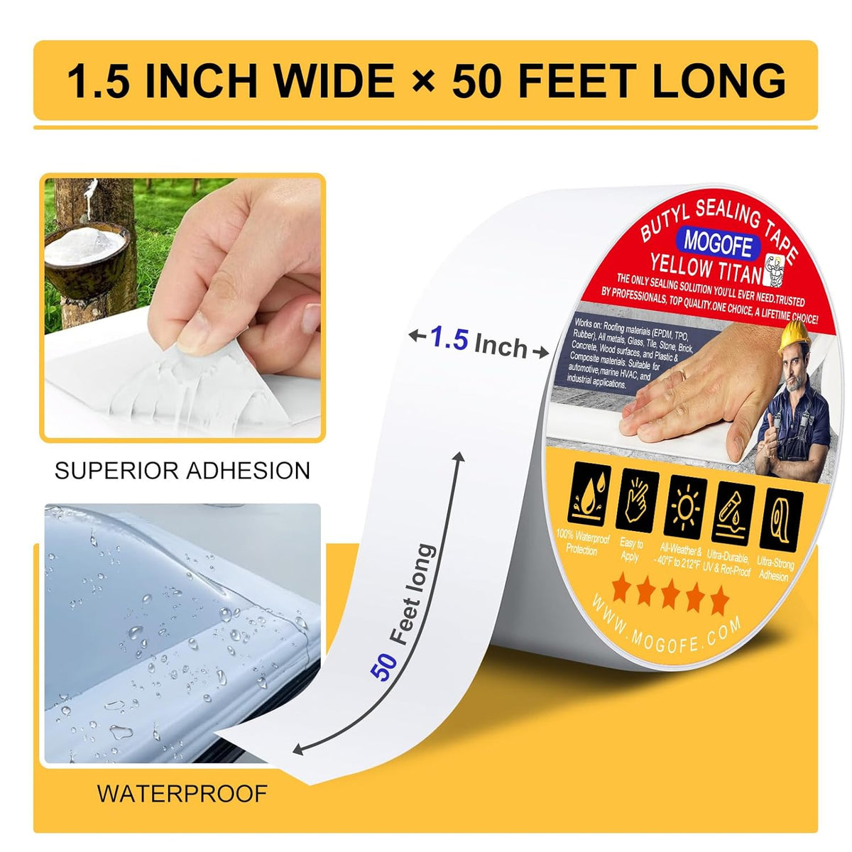 RV Roof Sealant Tape White, 1.5 Inch x 50 Feet RV Repair Roof Sealer Seal Tape UV-Resistant Waterproof Sealant Tape for RV Repair, Camper, Trailer, Boat Sealing, Leaking Roof, Window