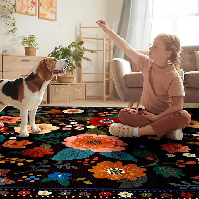 Floral 6x9 Area Rug Machine Washable Soft Print Boho Carpet Non Slip Doormat Low Pile Flower Area Rugs for Living Room Bedroom Nursery Kitchen Dining Room Indoor-Black