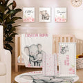 Personalized Baby Crib Bedding Set for Baby Girls, Pink Flower Elephant Design Custom Name Baby Crib Sets 5-Pcs, Toddler Double Layer Blanket Fitted Sheets Changing Pad Cover Rug Wall Art Set