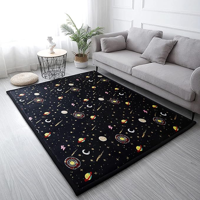 Loartee Coral Velvet Area Rug - 1" Thick Memory Foam Baby Play Mat, Washable Toddler Carpet, Home Decor for Living Room, Nursery, Kids Bedroom, Astral Black, 5'11"x6'7"