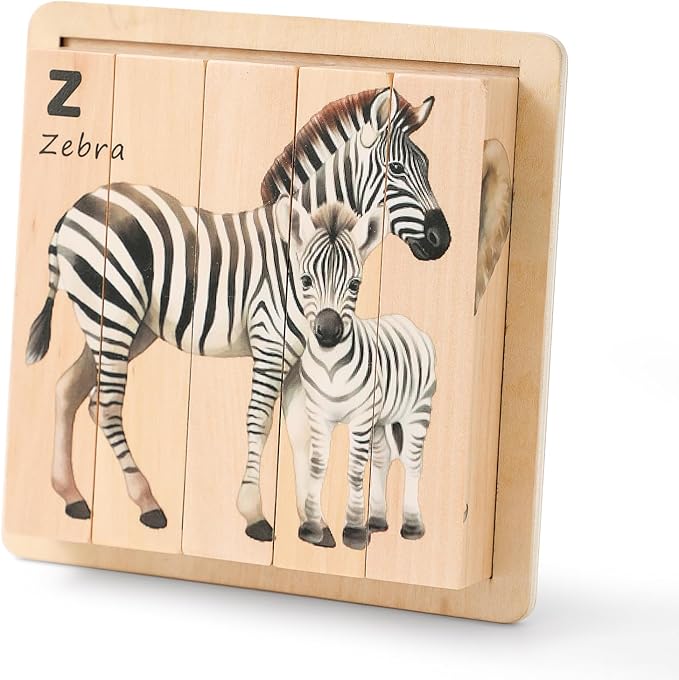 IEATFO 4 in 1 Wooden Animal Chunky Puzzle, 5 Solid Wood Puzzle Blocks with 4 Sides Realistic Safari Animals, Wooden Block Puzzle with Durable Base for Toddlers 3+ Years - Montessori Inspired