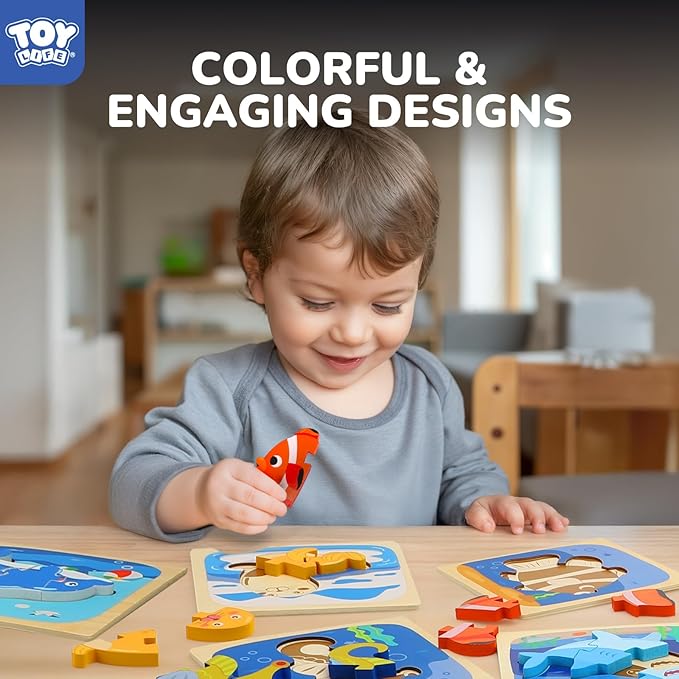 TOY Life Wooden Puzzles for Toddlers 2-4, Sea Animals Puzzles for Toddlers 1-3, Wood Puzzles Educational Montessori Toys Gifts for 1 2 3 Year Old, Baby Kids Learning Toy