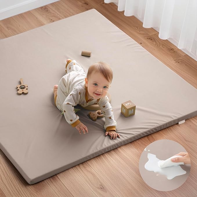 Blissful Diary Vegan Leather Baby Play Mat, 50x50 Thicken Foam Cushioned & Waterproof Playpen Mat for Infants and Toddlers, Stylish and Just Wipe-Clean Playmat for Baby Play on Floor, Taupe