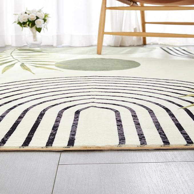 RoomTalks Boho Green Cute 3x5 Small Area Rugs Washable, Modern Abstract Geometric Shape with Tropical Leaves Non Slip Throw Rugs for Bedroom Kitchen Entryway Indoor Doormat Stain Resistant