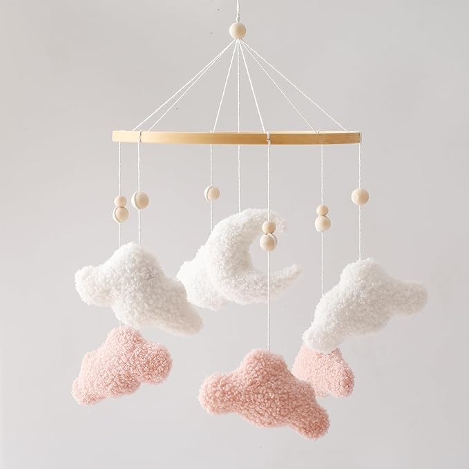 EERKEOD Baby Crib Mobile Bunny Nursery Mobile for Boys Girls Teddy Velvet Mobile Nursery Decor for Infant Bedroom Hanging Baby Mobile for Bassinet Newborn Baby Gift（Pink Clouds）