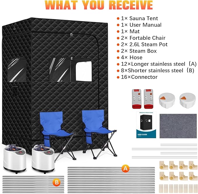 Upgraded 2 Person Portable Sauna, Portable Steam Sauna for Home, Personal Sauna Box Full Body with 1000W 2.6L Steam Generator, 99 Minute Timer, 2 Folding Chairs, Remote Control Included(Black)
