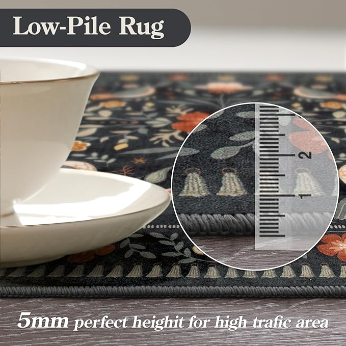 Moynesa Boho Birds 8x10 Area Rugs for Living Room, Black Floral Bedroom Rug Washable Low-Pile Playroom Rug, Vintage Soft Jungle Pattern Indoor Floor Carpet for Nursery Dining Room