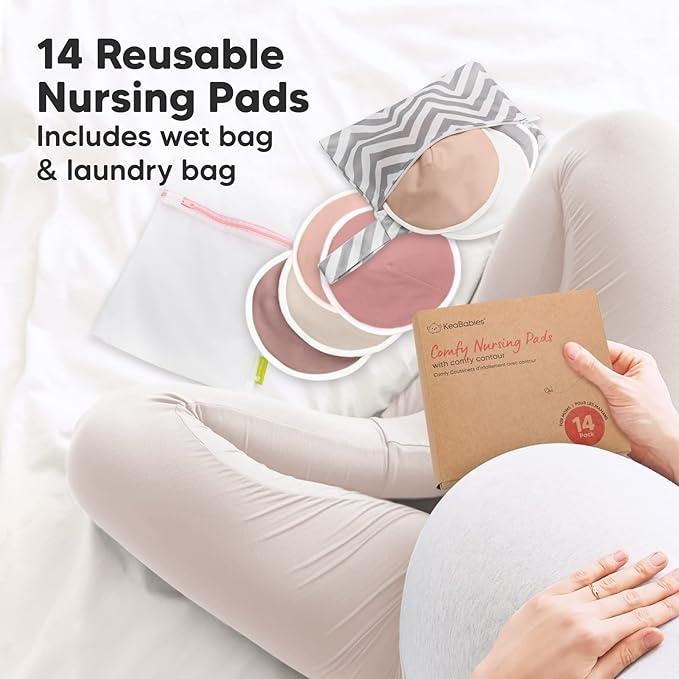 Organic Nursing Pads - 14 Washable Viscose Derived from Bamboo Breastfeeding Pads, Wash Bag, Reusable Breast Pads for Breastfeeding, Nipple Pads for Breastfeeding Essentials(Lovelle, L 4.8")