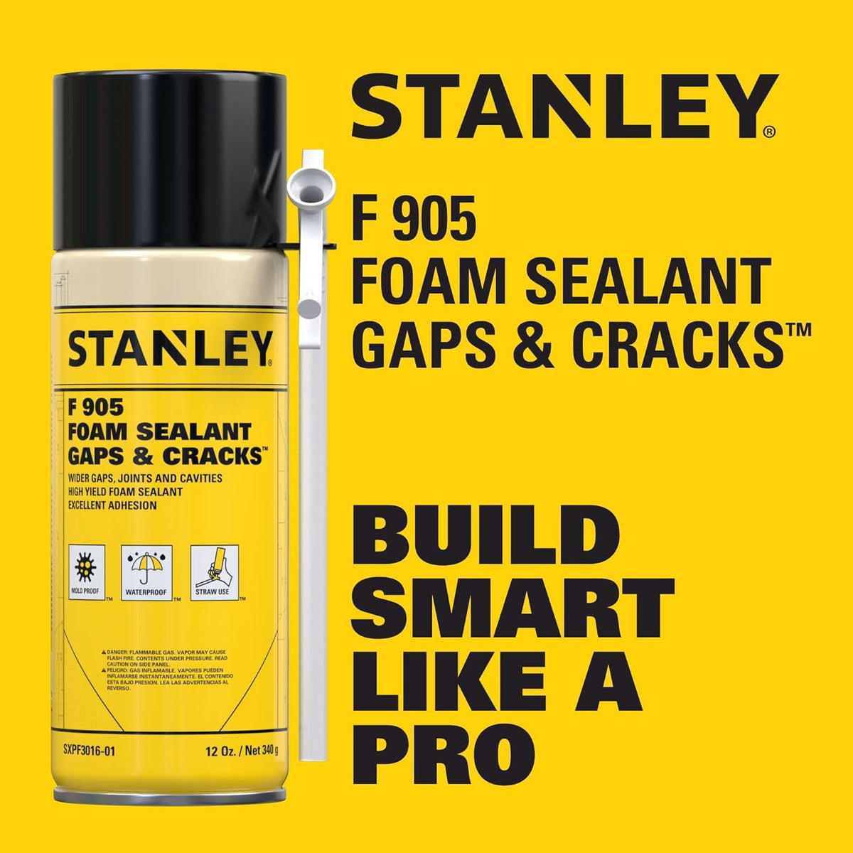 Stanley F905 Gaps & Cracks Sealant (12x12 Oz.) – Polyurethane Spray Foam Insulation for Window & Door, Waterproof Gap Filler, Low Expansion Foam for Indoor & Outdoor Use | Straw Use | 12 Oz. 12 Pack