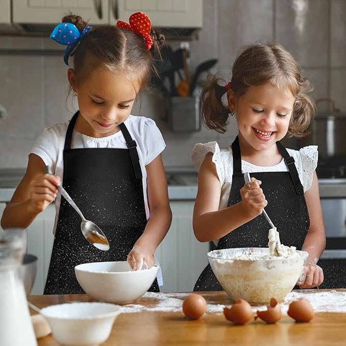 PLULON 6 Pcs Kids Apron with Pocket Adjustable Kids Chef Apron Set for Painting Cooking Baking Grilling Crafting (Black)