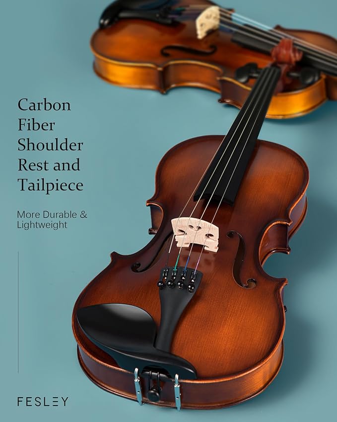 Fesley Violin Fiddle Full Set: 4/4 Matt Violin Kit for Beginners, Acoustic Violin with Hard Case, Solidwood Hand Made Starter Kit with Bow, Rosin, Shoulder Rest, Tuner, Extra Strings