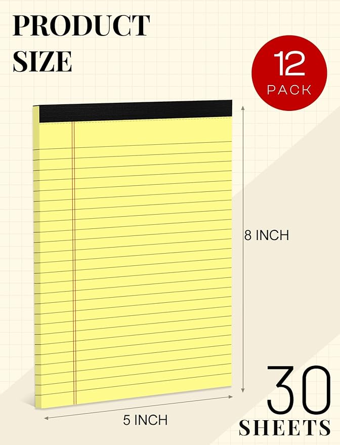 12 Pack Small Yellow Legal Pads 5x8 Note Pads 5x8 College Ruled Yellow Notepads 5x8 Narrow Ruled Yellow Paper Pads 25 Lines 80 GSM Small Paper Tablets 5x8" Lined Notepad With 30 Sheets Per Legal Pad