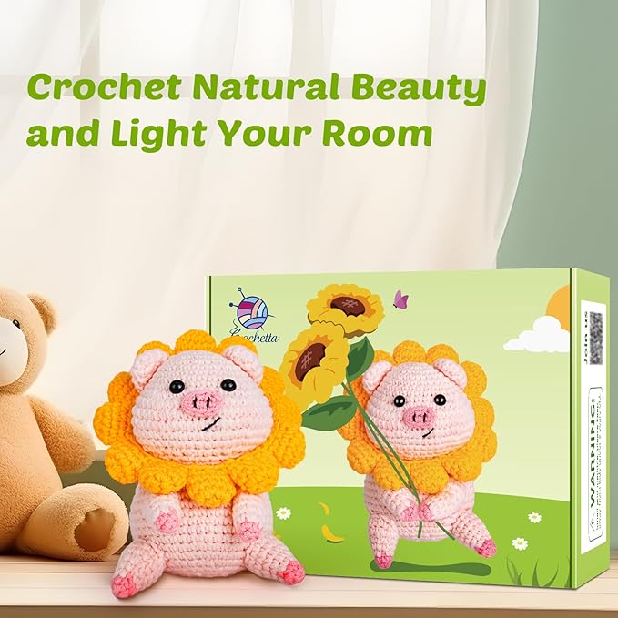 Crochet Kit for Beginners, Crochet Kit w Step-by-Step Video Tutorials, Crochet Starter Kit Learn to Crochet Kits for Adults Kids Beginners, Crochet Kit Pig (40%+ Yarn Content)