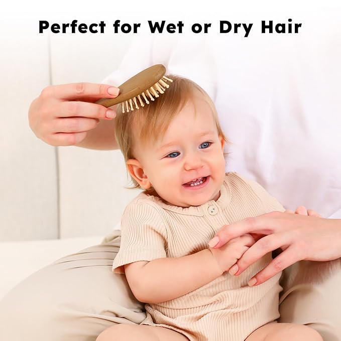Yoofoss 4 Piece Baby Hair Brush and Comb Set, Wooden Baby Hair Brush with Natural Ultra Soft Goat Hair, Baby Comb Set for Boy, Girl - Walnut