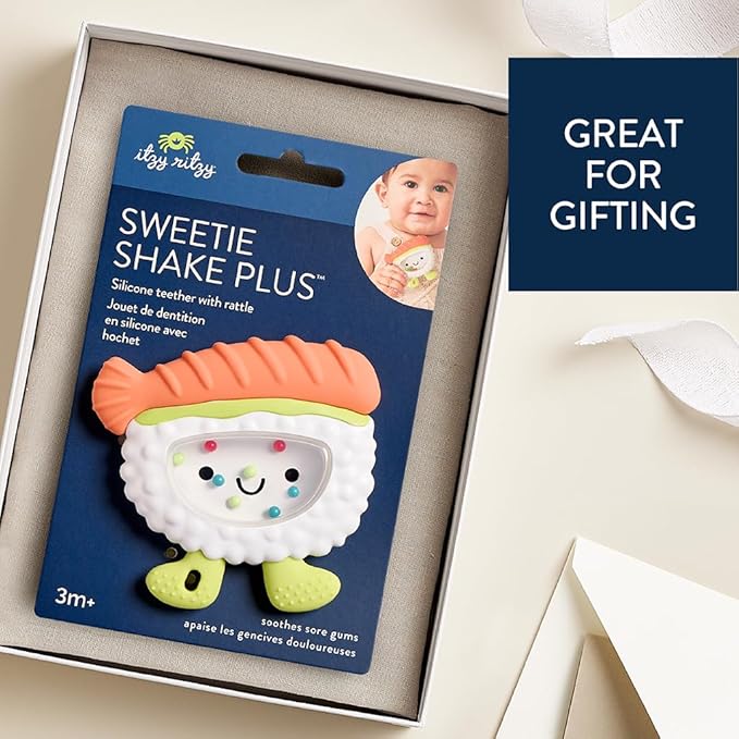 Itzy Ritzy Silicone Rattle Teether– BPA-Free Silicone Teether with Rattle for Babies & Toddlers – Features a Gentle Rattle Sound, Colorful Beads & Multiple Textures (Sushi)