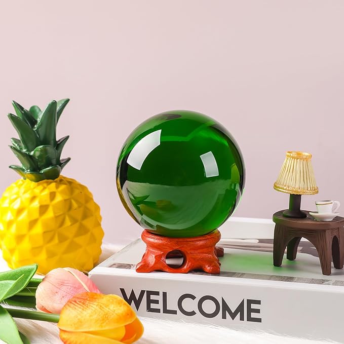 Green Crystal Ball 80mm/3.1 inch with Rose Wooden Stand and Gift Box for lensball Photography,Fortune Teller,Feng Shui, Witchcraft Decor,Scrying,Magic,Quartz Crystal Orb Prop Decorative Glass Sphere