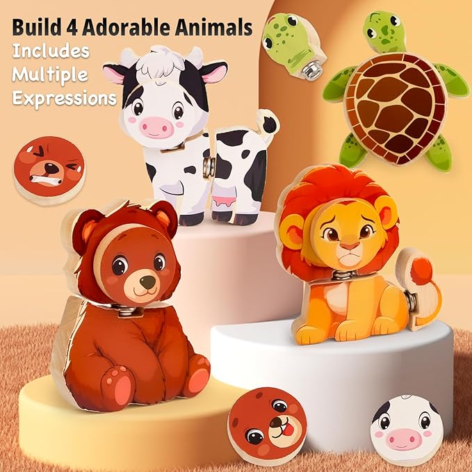 HUZU Animal Snap Wooden Building Blocks – Fun & Educational Puzzle Toy for Kids Aged 3-8, Features Cow, Bear, Lion and Turtle, Matching Game with Interchangeable Animal Faces & Emotions
