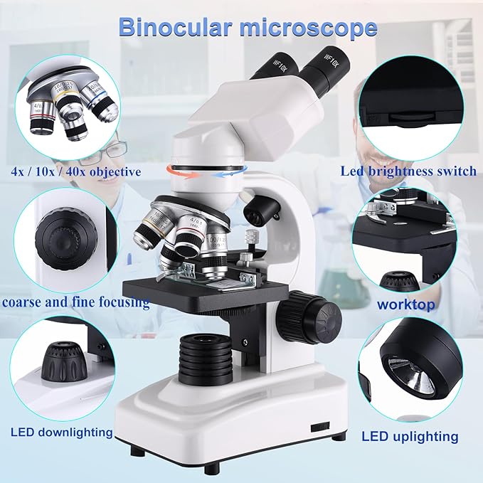 Compound Microscope，40X-2500X Research Class Professional Microscope，WF10x and WF25x eyepieces, Dual LED Lighting and Two-Layer Mechanical Stage，Microscope for Adults…