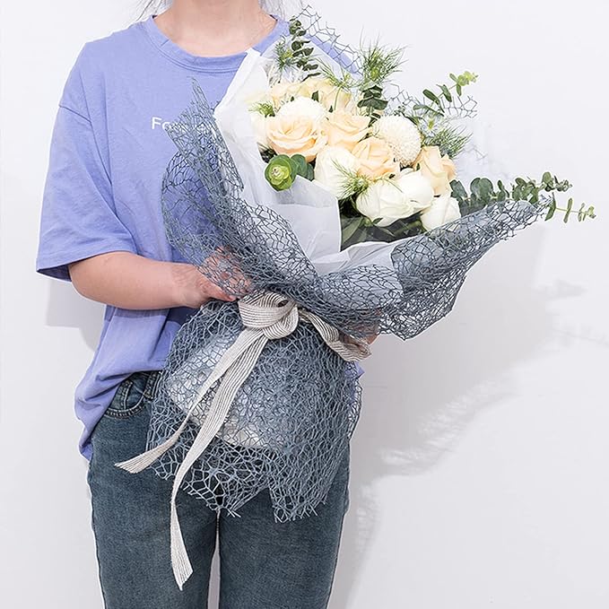 Korean Jacquard Net Mesh Openwork Floral Wrapping Paper 1 Roll Florist Supplies Flower Bouquet Wrapping Paper Floral Supplies for Fresh Flowers, 50cm x 5 Yard (Black)