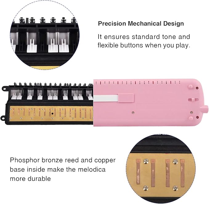 EastRock 37 Key Melodica Instrument Keyboard Soprano Piano Style with Mouthpiece Tube Sets and Carrying Bag for Kids Beginners Adults Gift Pink