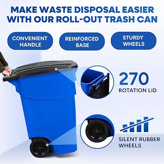 50 Gallon Trash Can, Blue Outdoor Garbage Can, Wheeled Outside Recycling Bin, Outdoor Trash Can with Lid and Wheels, Large Rolling Waste Container for Home, Office, Garage