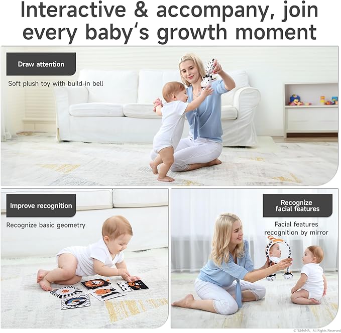 TUMAMA Black and White Baby Toys, High Contrast Tummy Time, Newborn Soft Books Mirror Rattles, Montessori Sensory 0-12 Months, Hanging Infant for Carseat Stroller Play Mat Crib