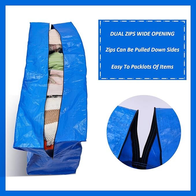 4 Pcs 96 Gallon Large Moving Bags with Zipper and Handles Foldable Storage Duffle Bags Heavy Duty Extra Large Totes for College Dorm Travel Clothes Blankets Bedding Moving (Blue)