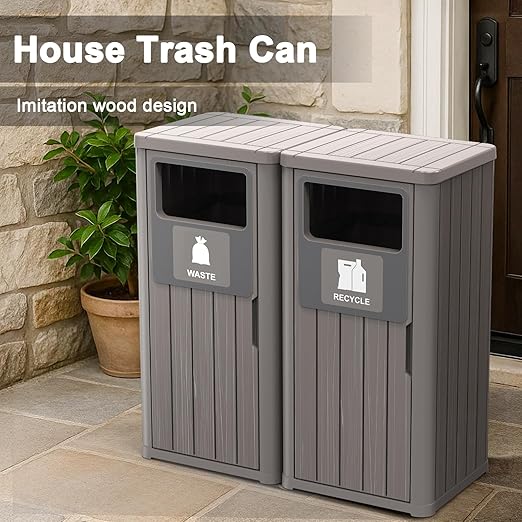 Outdoor Double Barrel Trash Can,Waterproof Resin Garbage Can with Garbage Labels,Durable Waste Bin for Porch, Backyard,Kitchen,for 30 to 39 Gallon Trash Bags